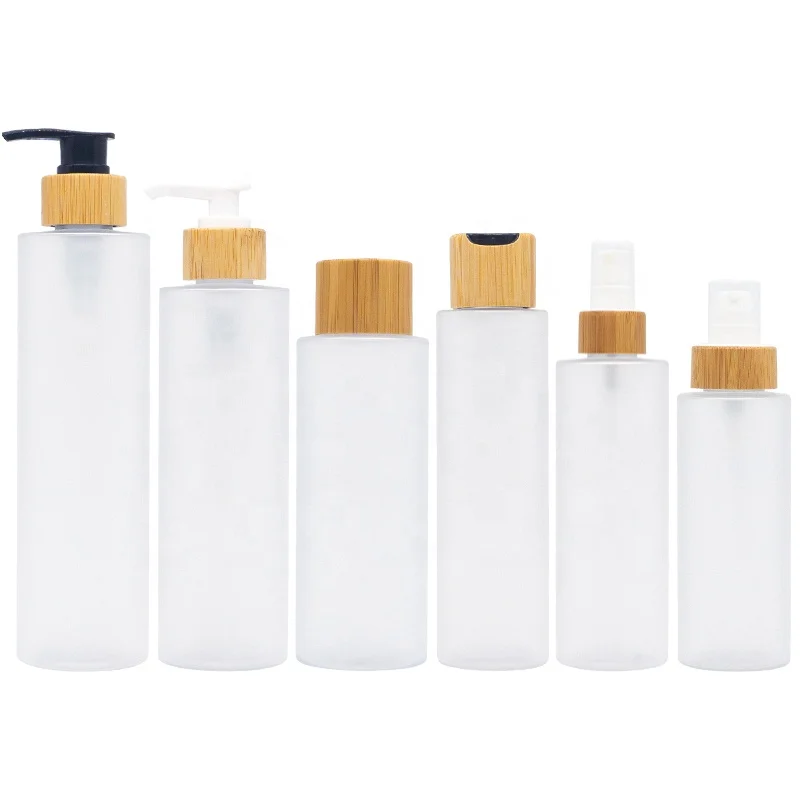 

100/120/150/200/250/300ml Frosted Clear Flat Shoulder PET Plastic Lotion Pump Spray Toner Water Bottle with Bamboo Lid Disc Cap