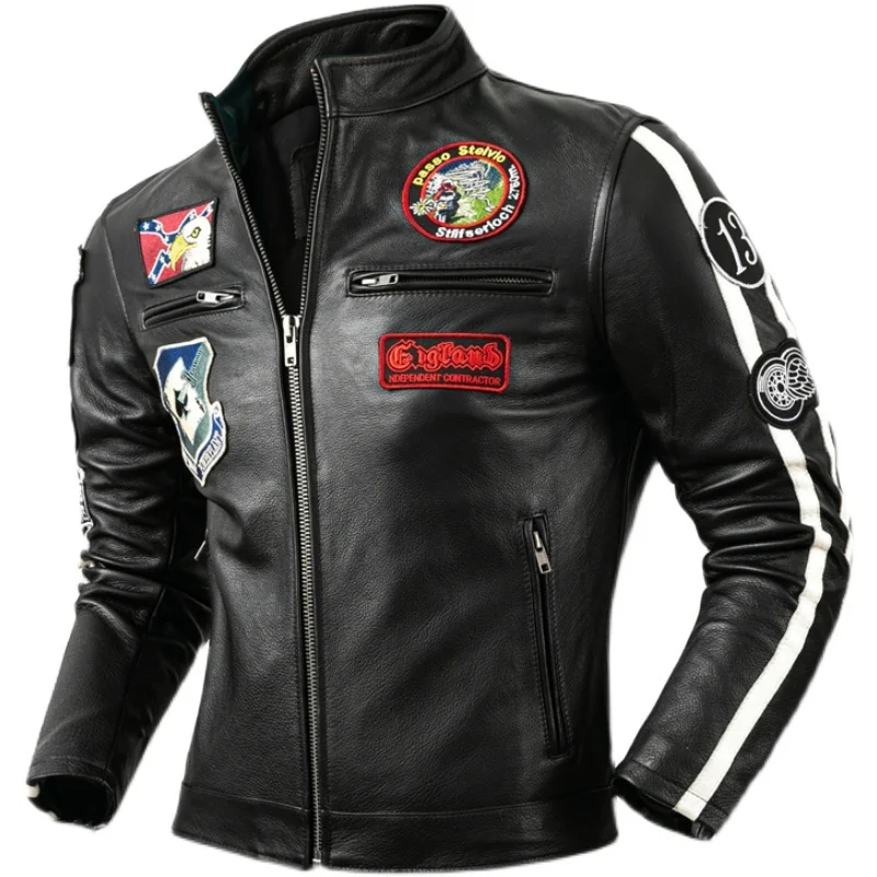 

Motorcycle Rider Jacket Patterns Real Cowhide Genuine Leather Men Cow Coat Slim Motor Biker Clothing Autumn