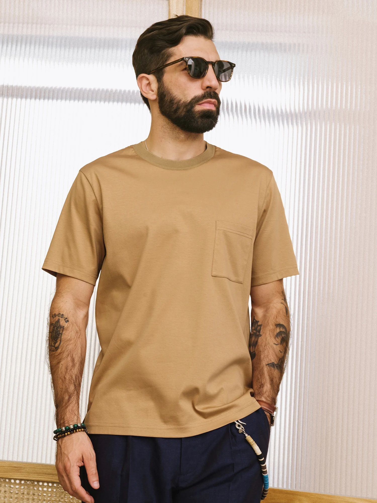 &quotPocket T-IRT&quot Summer High end Double-sided Mercerized Long-staple Cotton Loose round Neck Short sleeve Pocket T-shirt