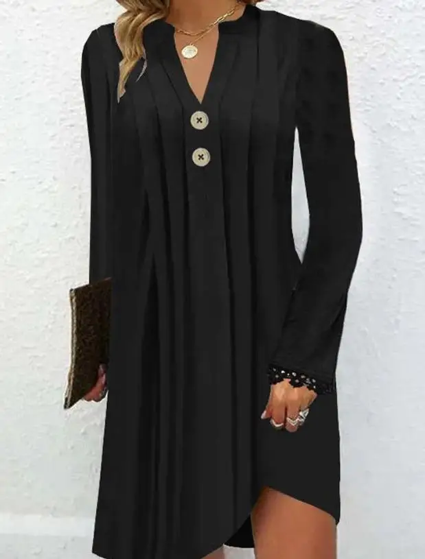 

Woman Casual Straight Dress Spring and Autumn New Notch Neck Buttoned Lace Trim Ruched Long Sleeve Elegant Solid Color Dresses