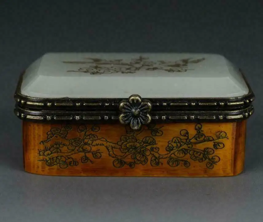

Old Chinese Bone Making Inlay Nephrite Jade Jewelry Box Magpie Plum Flower