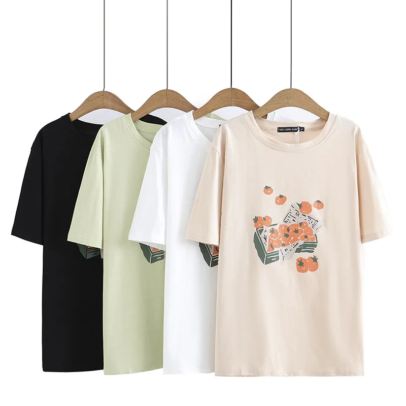 4XL Plus Size T-Shirt Women 2023 Spring Summer Cotton Printed Persimmon Tops Loose Short Sleeve O-Neck Tees Curve Clothes