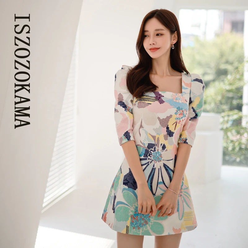 

ISZOZOKAMA elegant print Dress one piece korean ladies summer Half SLeeve cabaret party Dresses for women
