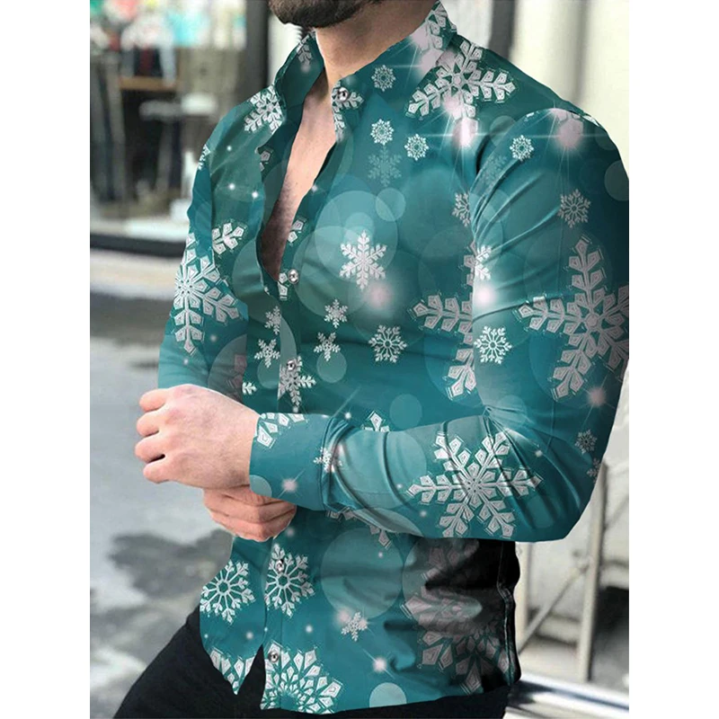 

Luxury Fashion Men Shirts Turn-down Collar Buttoned Shirt Casual Snowflake Print Long Sleeve Tops Men's Clothing Party Cardigan