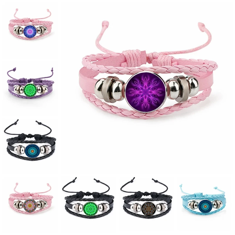 

Punk Style Fashion 18mm Glass Cabochon Snap 4 Colors Leather Bracelet Mandala Pattern Bracelet Men's and Women's Gift Jewelry