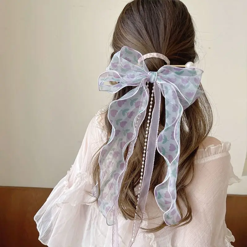 

NEW Elegant Women Large Bow Hair Ribbon Hairpin Chiffon Mesh Big Bowknot Ribbon Hairband Rope Lady Girls Spring Hair Scrunchies