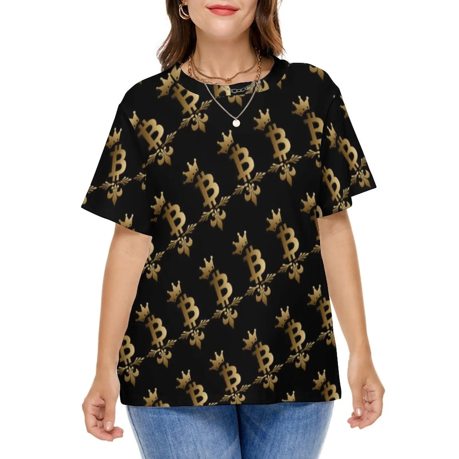 Golden Bitcoin T-Shirt Blockchain Crypto Print Trendy T-Shirts Short Sleeves Simple Tshirt Lady Summer Pattern Clothes Plus Size