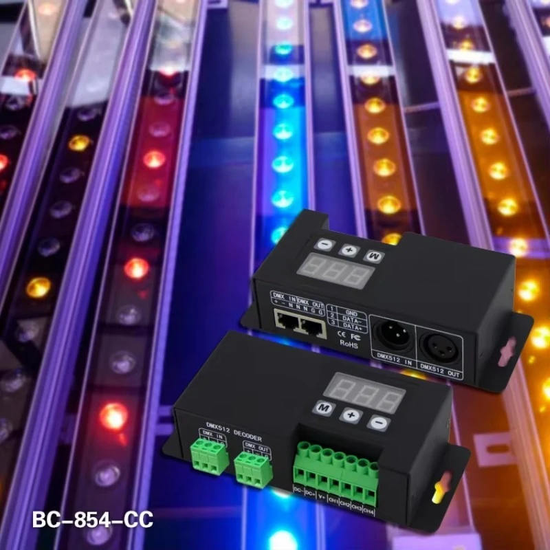 Фото Bincolor BC‑854‑CC 4-канальный RGBW DMX512 LED-декодер, контроллер постоянного тока 350 мА 700 мА с разъемами XLR‑3P и RJ45. №4