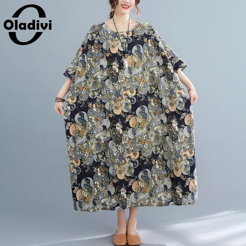 

Oladivi Одежда большого размера, модное длинное платье из хлопка и льна с принтом, женские летние повседневные свободные большие платья 50911 4XL 5XL 6XL 8XL 10XL