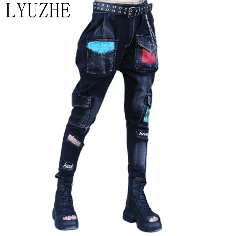 

LYUZHE Women 2023 Spring Autumn Fashion Small Feet Jeans Street Style Contrast Color Multi-pocket Embellished Harem Pants TT181L