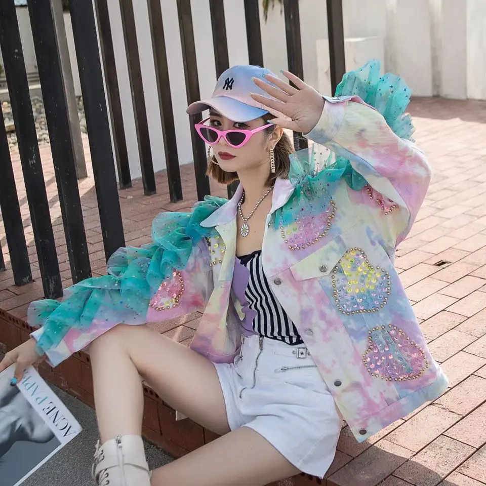 

Streetwear Trendy Women Jean Coat Western Style Rivet Colorful Diamond Sequins Contrasting Color Mesh Tie-dye Denim Jacket Loose