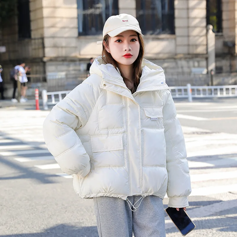 

Женская куртка с капюшоном, однотонная хлопковая Свободная куртка трапециевидной формы на молнии, повседневный пуховик в Корейском стиле, ...