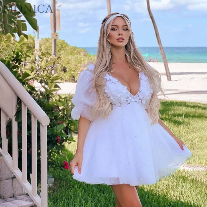 

MONICA Beach Wedding Dress 2022 V-neck Puff Sleeve Backless Appliques Bridal Gowns Above Knee Vestido De Novia Custom Made