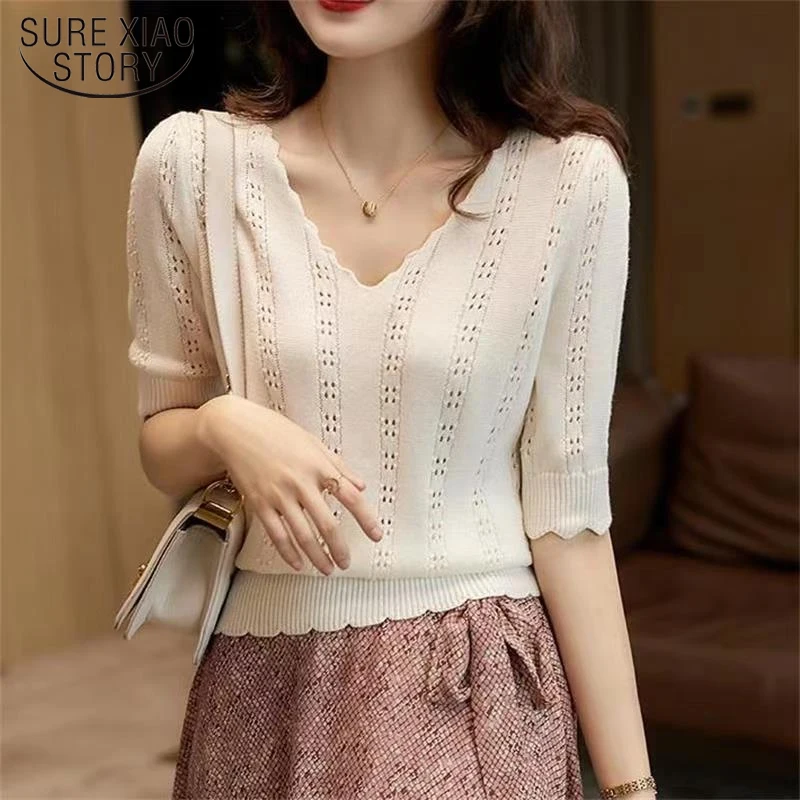 

Blouses Top Femme Short Sleeve Knit Blouse Womem Blusas Mujer De Moda 2022 Hollow Out V-Neck Knitted Blouse Shirt Pullover 19175