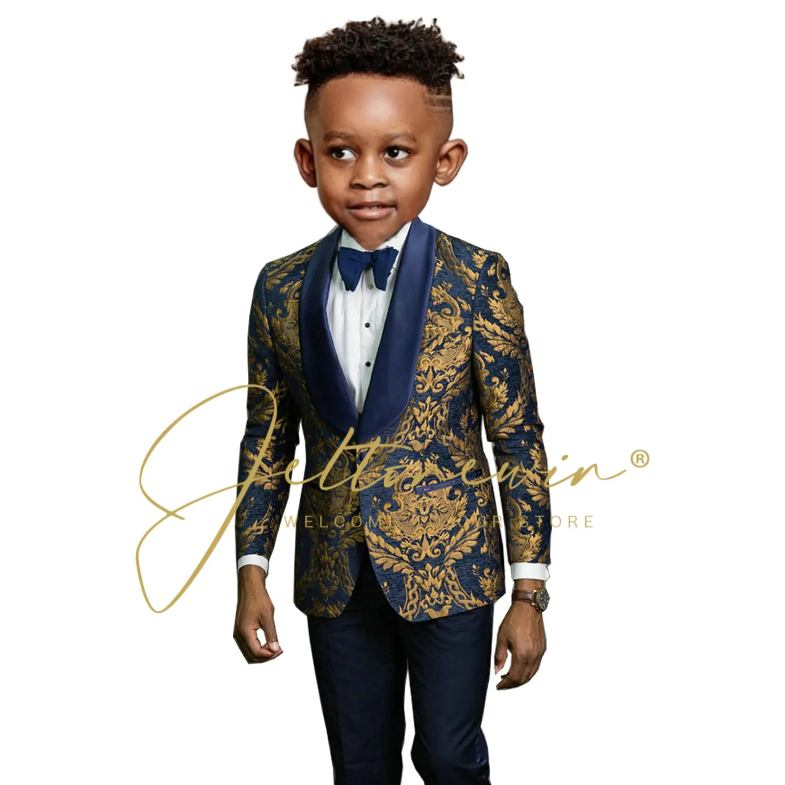 Handsome Boys Tuxedo Kids Dinner Suits Navy Blue Floral Shawl Lapel Formal Boy Suit For Wedding Party Jacket+Pants