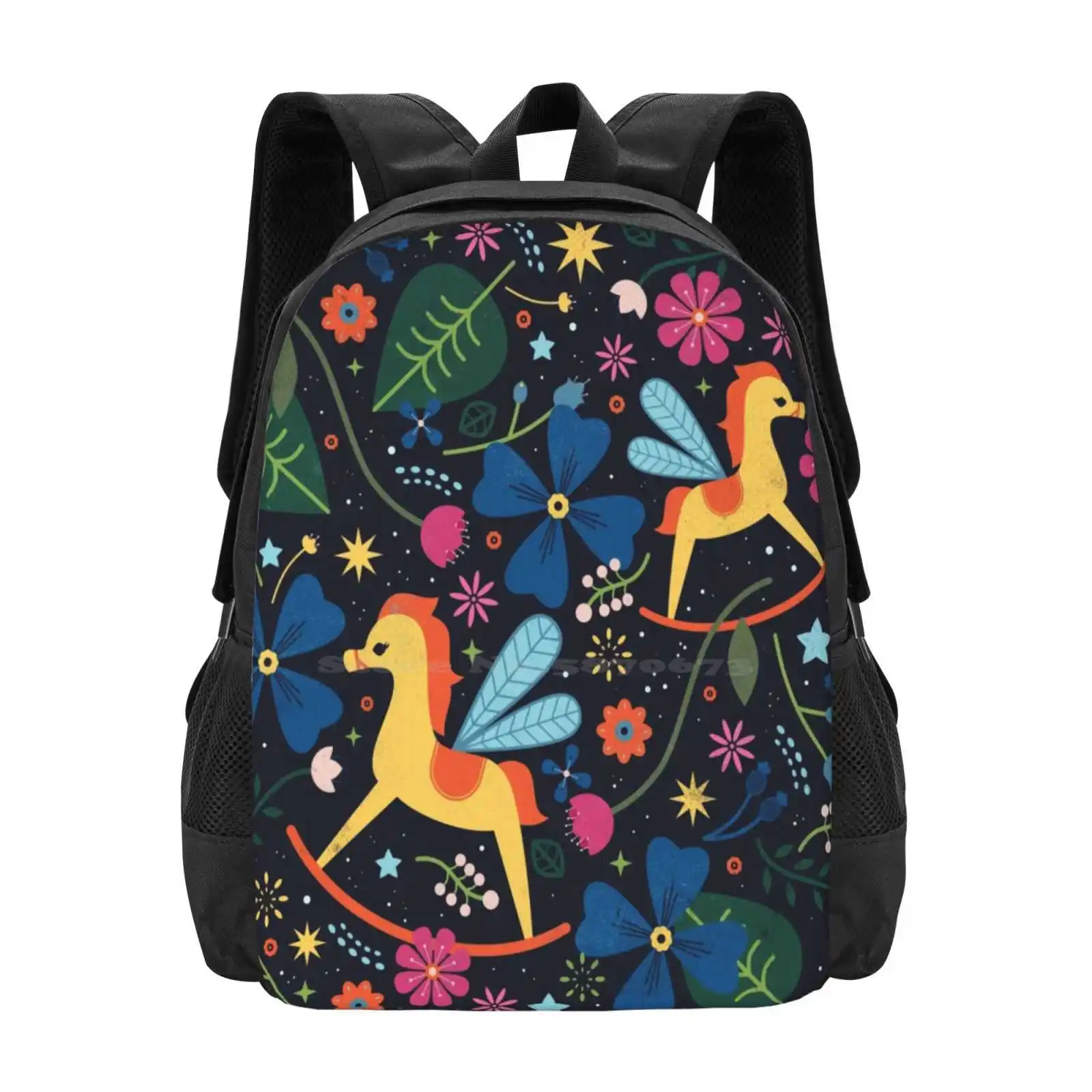 

Rocking-Horse-Fly School Bag Big Capacity Backpack Laptop Lewis Carroll Horse Folk Decorative Fairytale Woodland Magical Cute