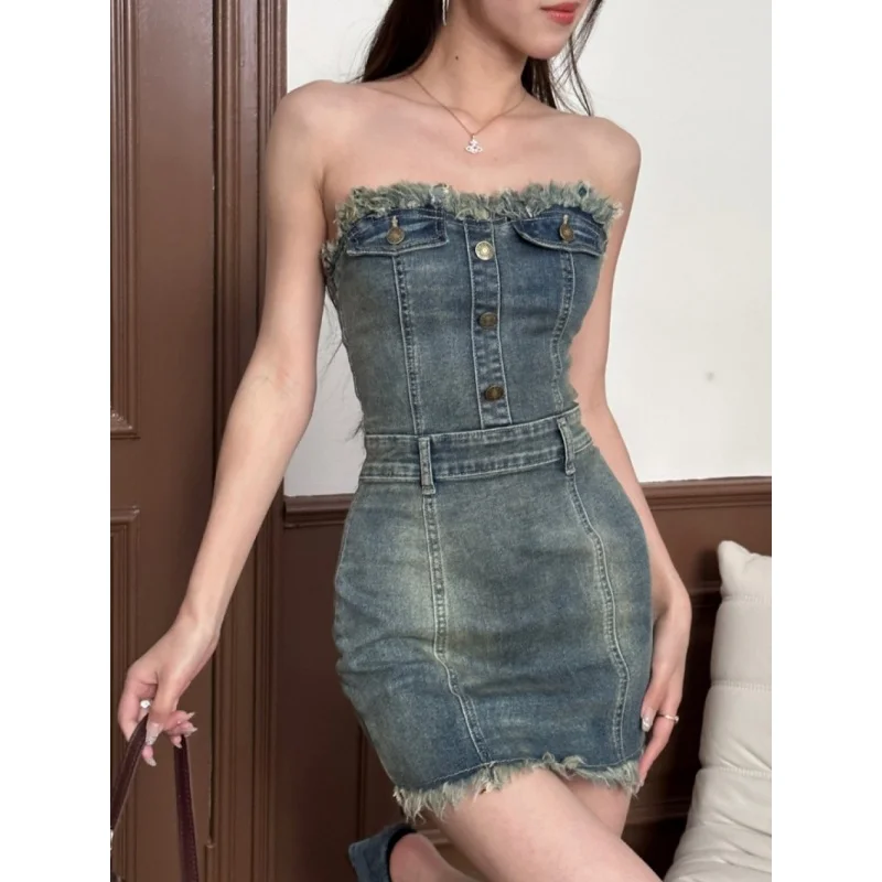

2023 Women's Off Shoulder Bra Raglan Denim Dress Summer Sweet Cool Spicy Girls' Wrapped Hip Dress S-XL