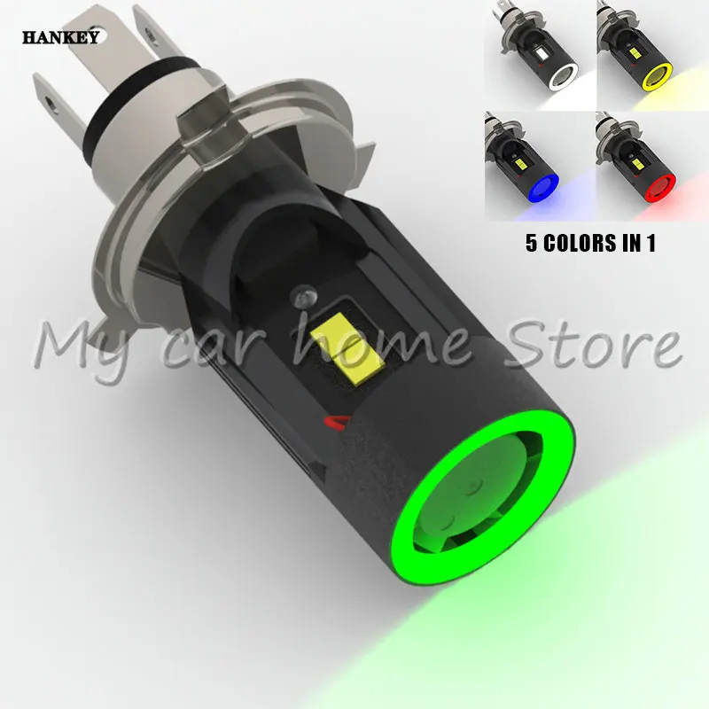 

1x Five Color Angel Eye LED H4 Car Headlight Hi-low Bulb HS1 P43T Motorcycle Auto Plug&play Scooter Lamp White 6000K 12/24V