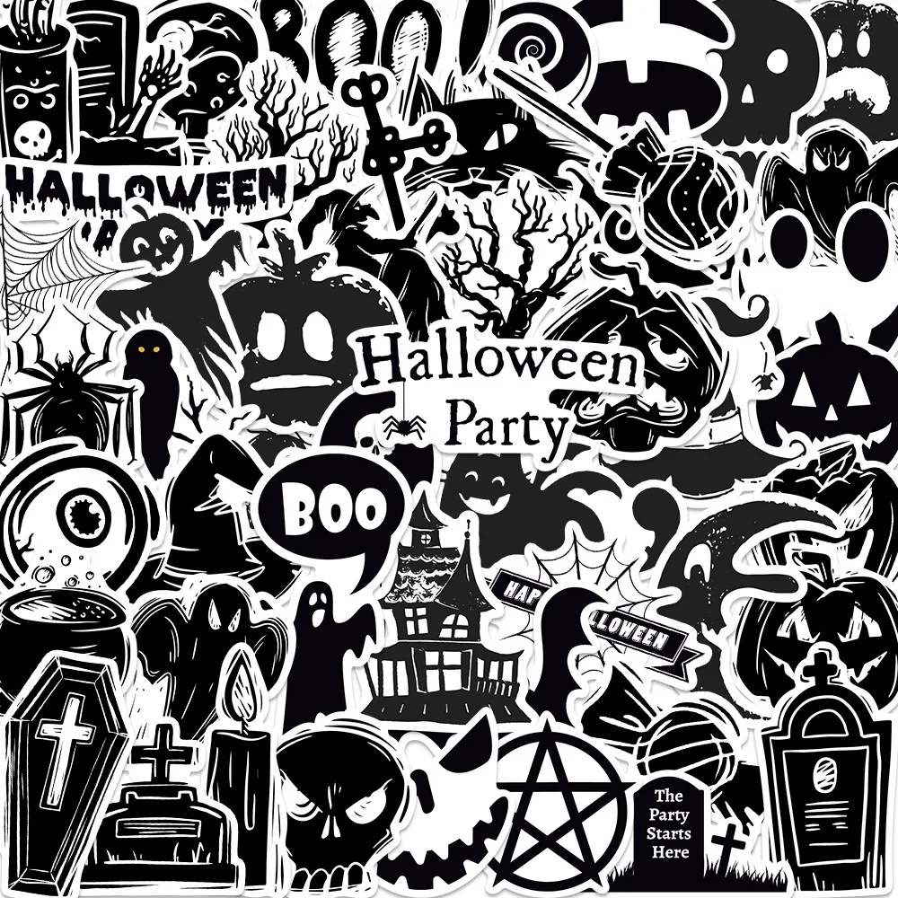 

50 Sheets of Black and White Halloween Style Graffiti Stickers To Decorate Luggage Pen Guitar Notebook Waterproof Wholesale