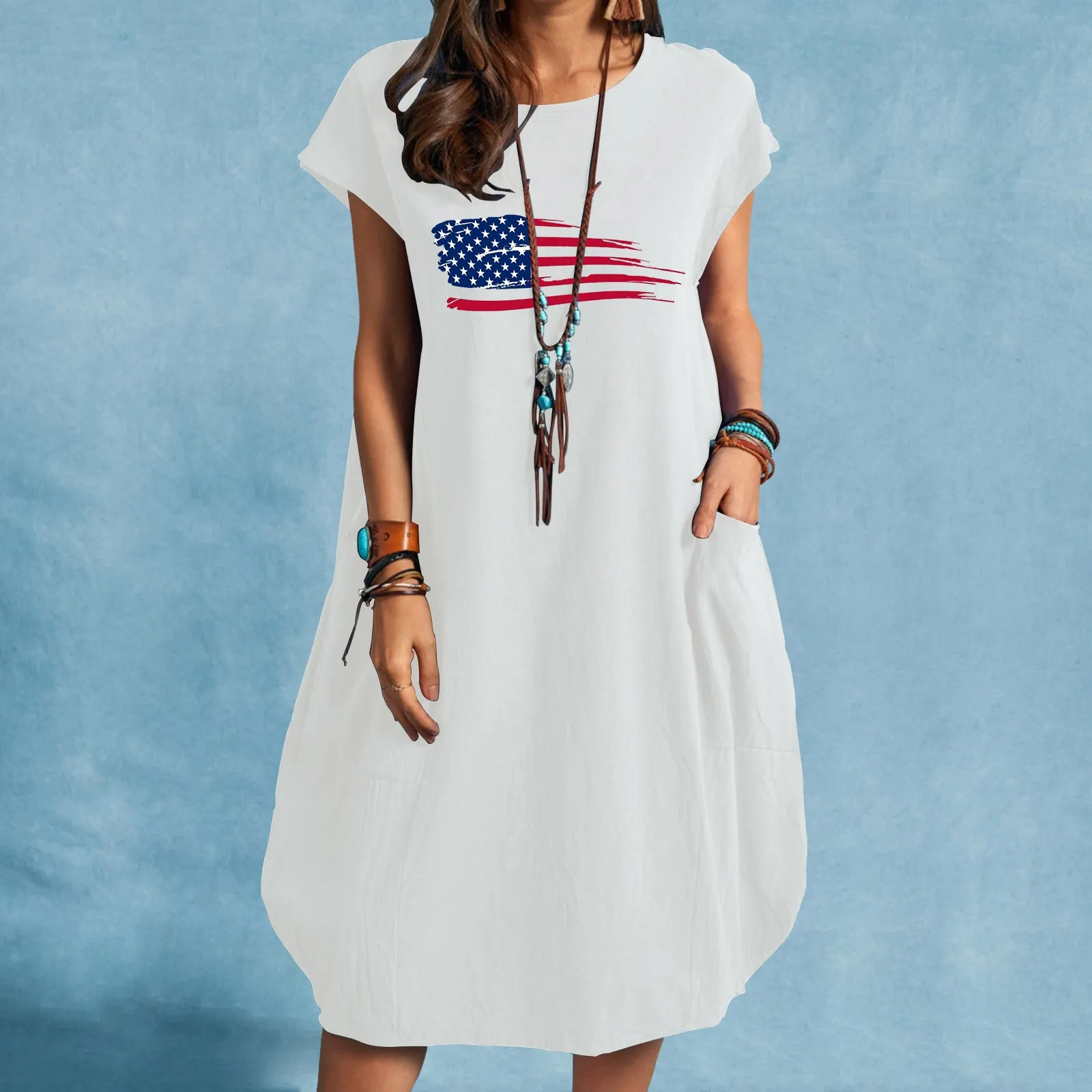 

Женское деловое Повседневное платье, женское свободное платье с принтом американского флага и коротким рукавом для женщин, летнее кружевно...