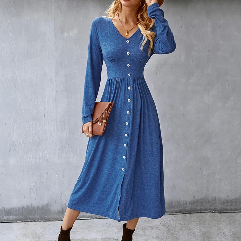 

Fashion women knitted dress elegant 2022 Autumn winter casual waist elastic dresses female black button retro dress vestidos