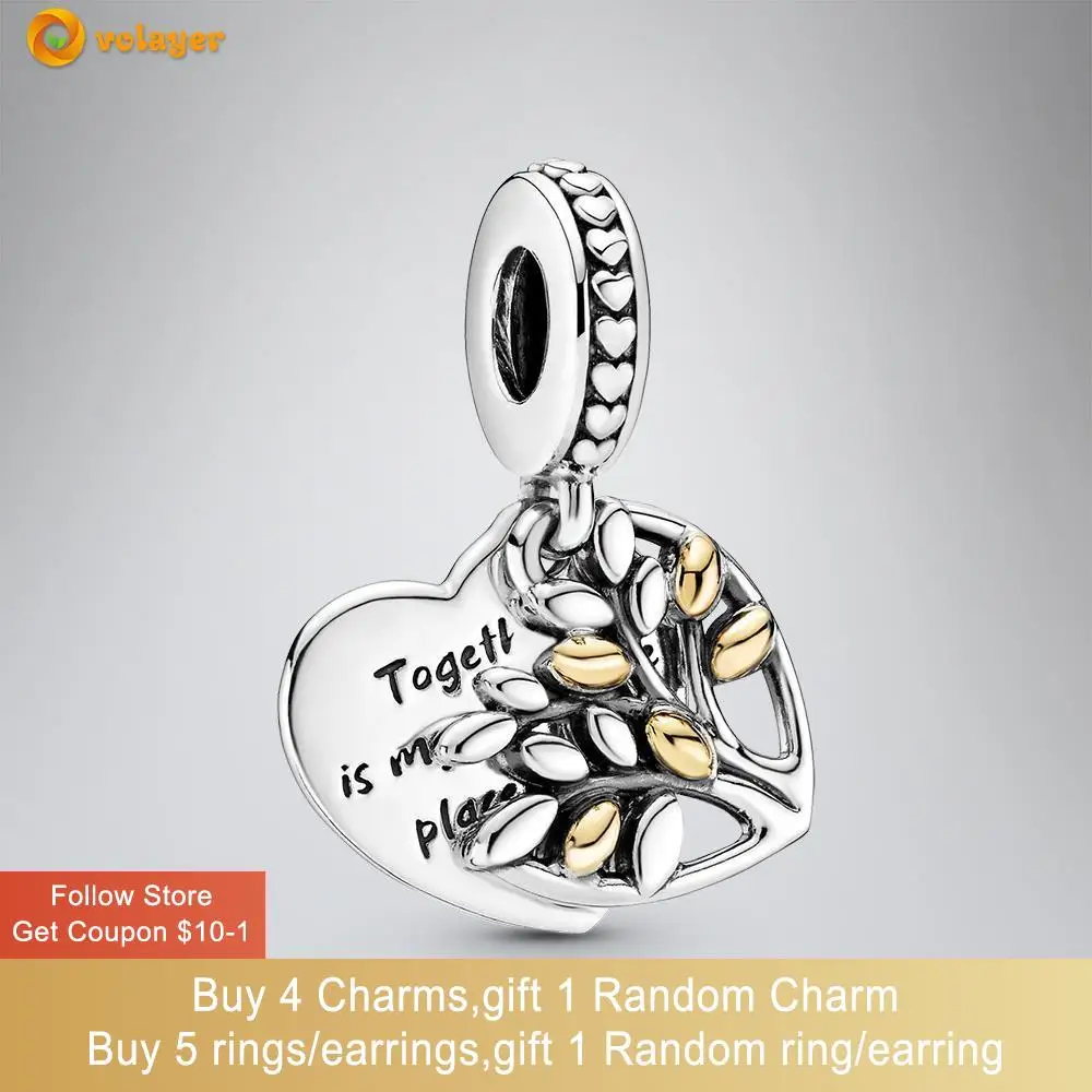 

Volayer 925 Sterling Silver Bead Two-tone Family Tree Heart Dangle Charm fit Original Pandora Bracelet Women Jewelry Making Gift