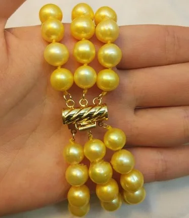 

Ювелирные украшения, жемчужный браслет с тройными нитями 9-10 мм, золотистый жемчужный браслет южного моря, бесплатная доставка