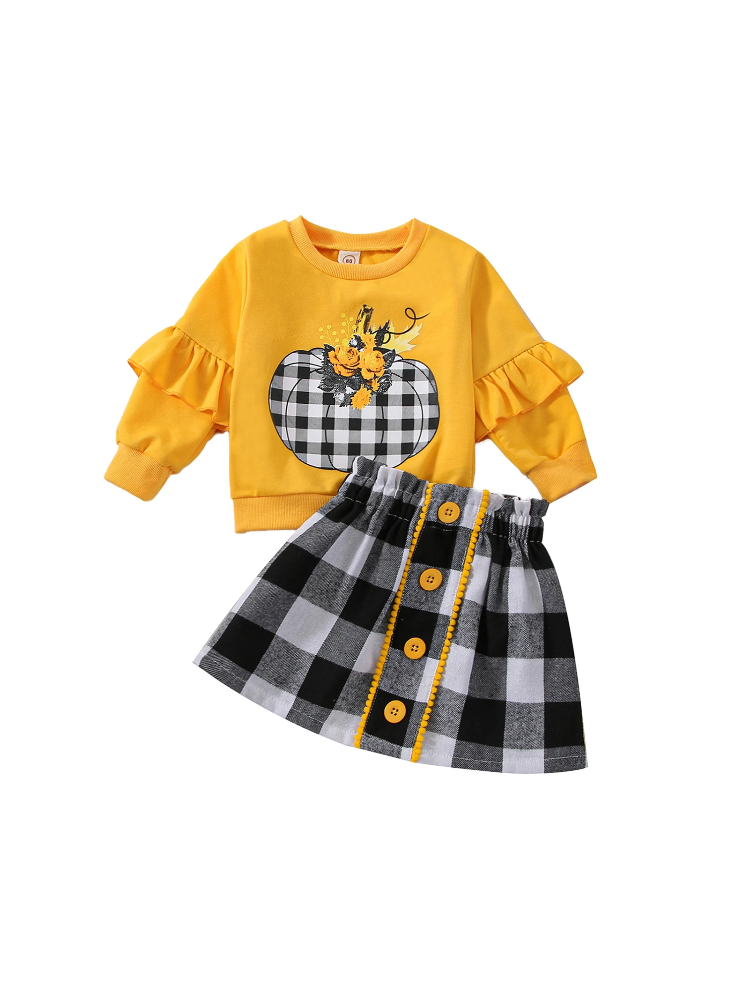 

Kid Girl Halloween Clothes Set Pumpkin Flower Print Long Sleeve Round Neck Ruffled Pullover Button Plaid A-Line Skirt