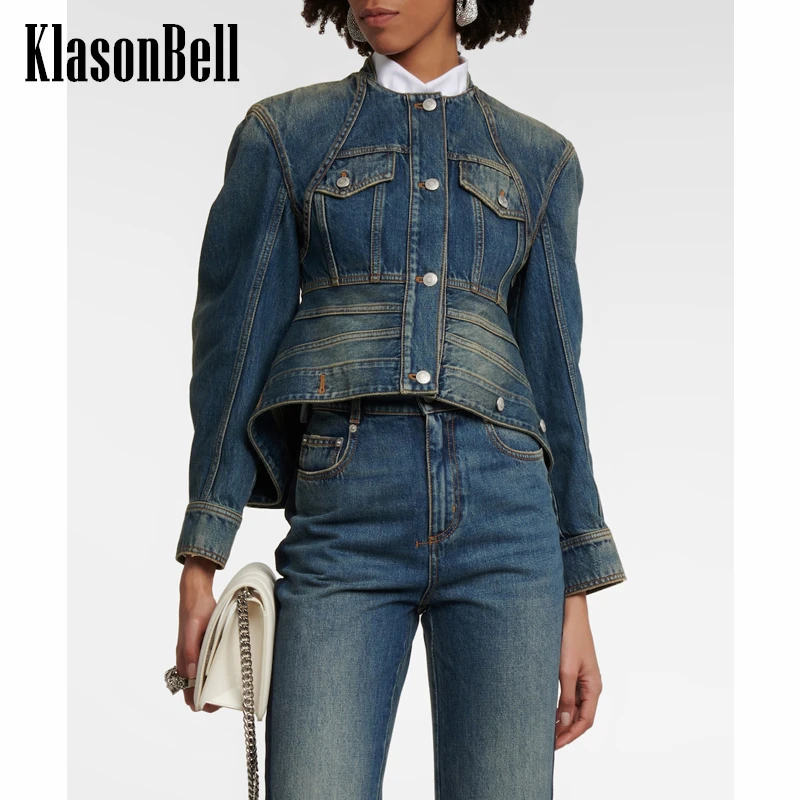 

2.4 KlasonBell Round Neck Single Breasted Denim Jacket Women