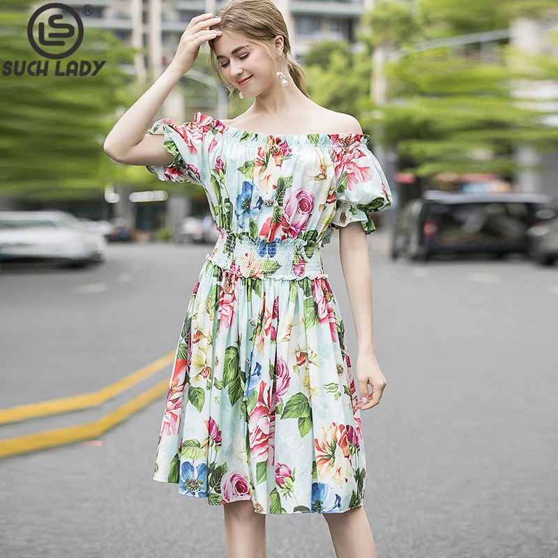 

Women's Runway Dress Slash Neckline Short Sleeves Elastic Waist Printed Ruffles High Street Fashion A Line Summer Dresses