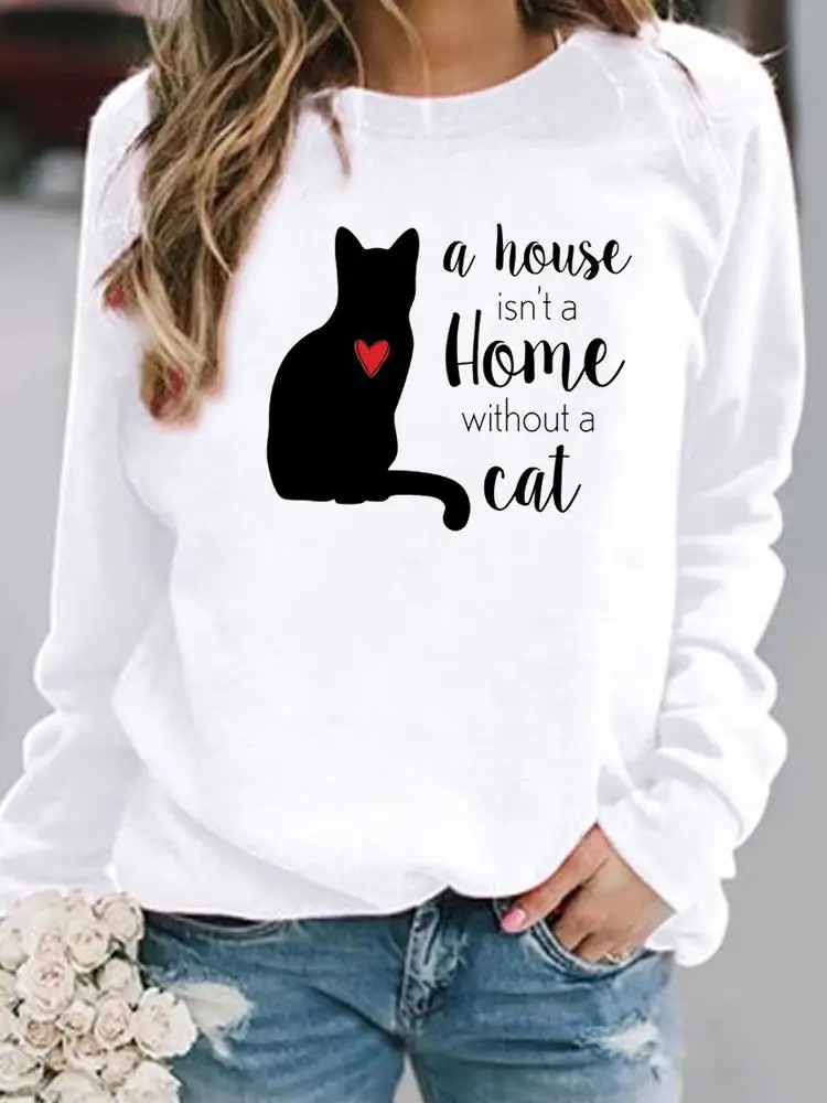 Женская Повседневная Толстовка с рисунком в виде сердца и кота | одежда