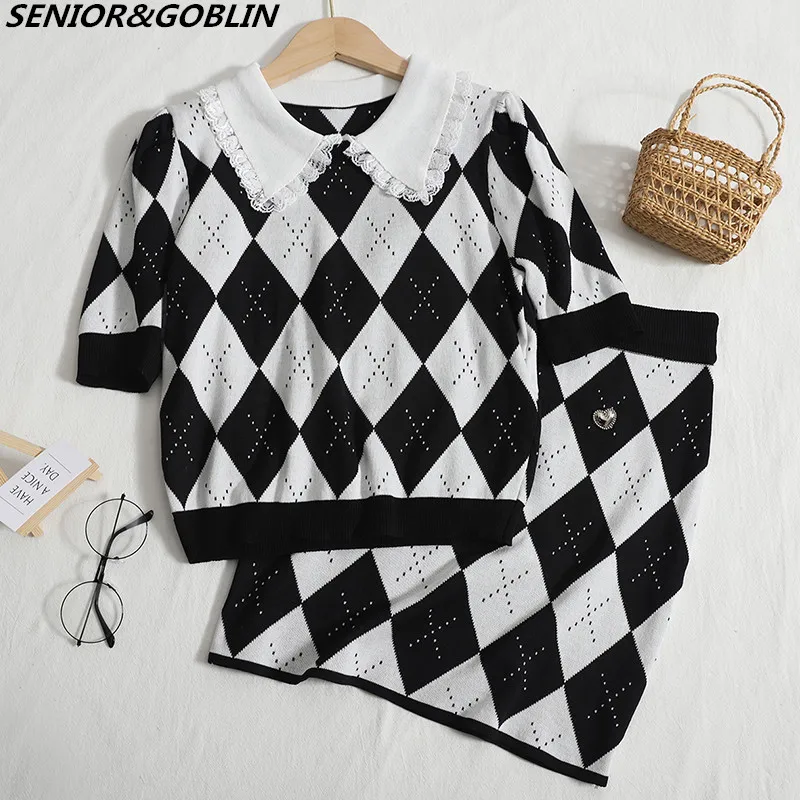 

Женский трикотажный Костюм-двойка, винтажный свитер и юбка в клетку