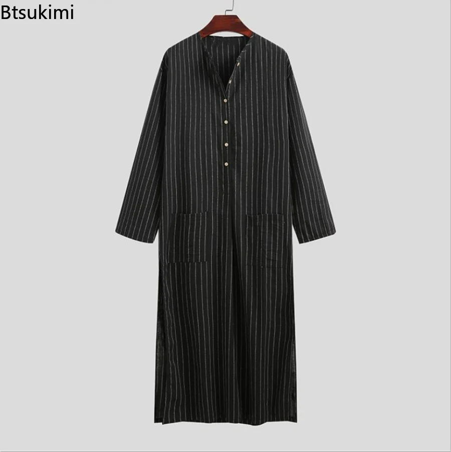 2023 Muslim Fashion Men's Robes Arabian Striped Shirt Ethnic Clothing Long Sleeves Retro Kaftan Islamic Arabic Male Jubba Thobe