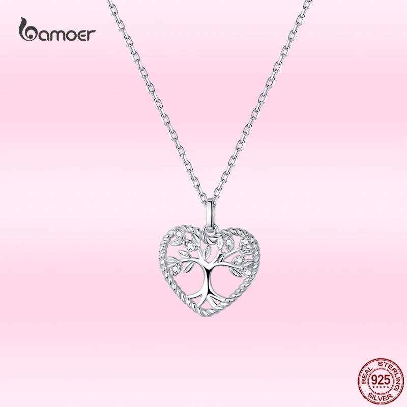 

Bamoer GAN176 925 Sterling Silver Radiant Clear CZ Tree of Life Heart Pendant Necklace for Women Family Gifts Fine Jewelry