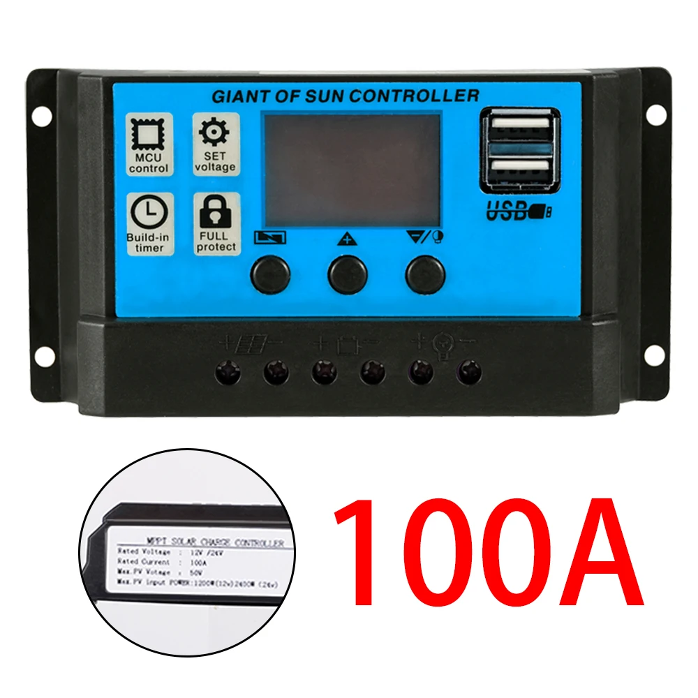 

10A/20A/30A/100A Solar Charger Controller 12V 24V Auto PWM Controllers LCD Display 5V Dual USB Output Controller Home Battery