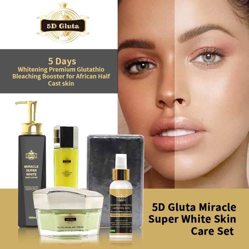 5D Gluta Super Whitening Serum Skincare Set Contains Lotion Cream Spray Soap for African Skin Stay Even and Flawless Glowing
