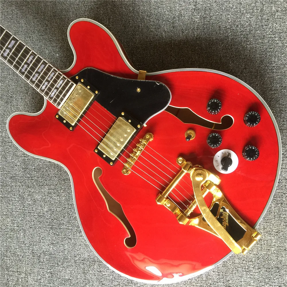 Custom ES 335 Version Electric Guitar Hollow Jazz Body Red Color Gold Hardware With Bigsby Rosewood Fingerboard Free Shipping