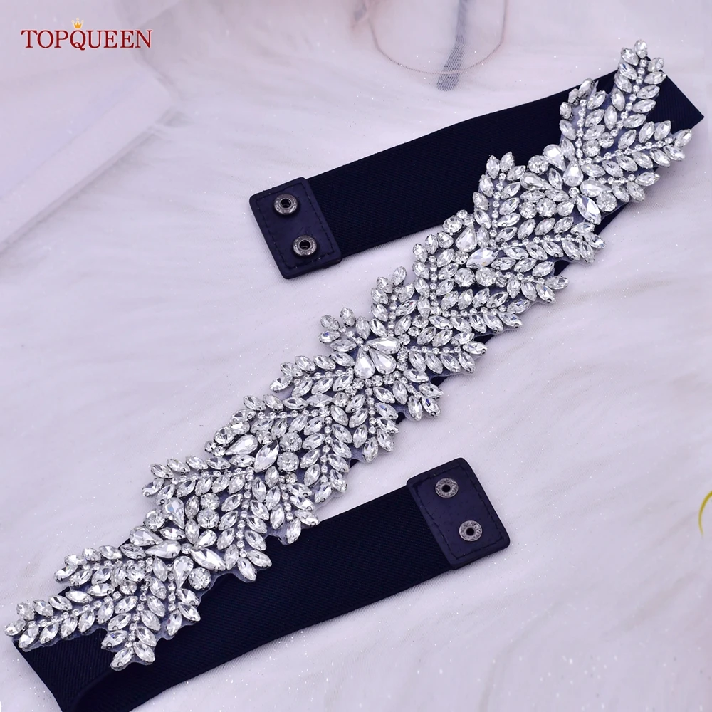TOPQUEEN S420-B Women Black Fashion Elastic Wide Belts Silver Rhinestone Handmade Beaded Sash Dress Accessories Luxury Sparkly