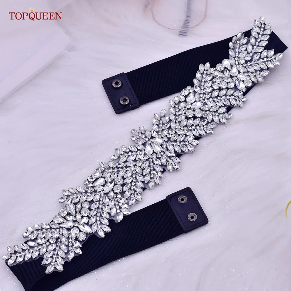 TOPQUEEN S420-B женские черные модные эластичные Широкие ремни серебряные Стразы ручной работы с бисером пояс для платья Аксессуары Роскошные блестящие