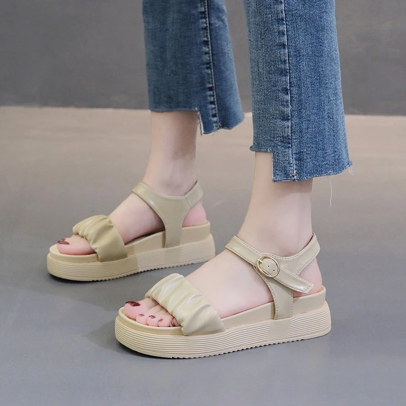 

Thick-soled Sandals Women Nice Summer Pop Sponge Cake Outer Wear Casual Breathable Word Beach Solid Color Women's Shoes