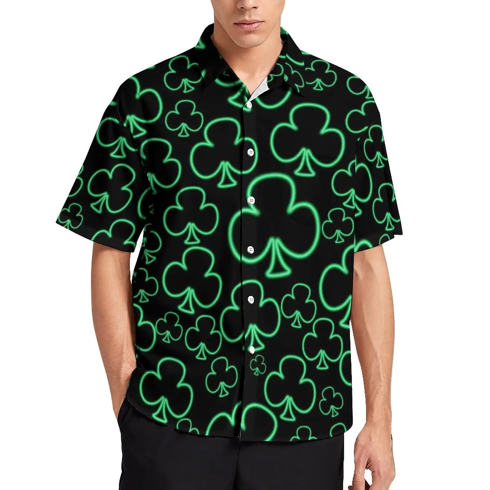 

Cool Neon Shamrock Blouses Men Leaves Print Casual Shirts Hawaii Short-Sleeved Graphic Vintage Oversized Vacation Shirt Present