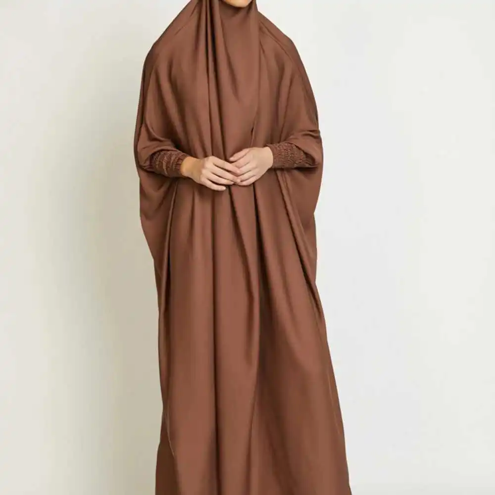 Мусульманское женское цельнокроеное Молитвенное платье с капюшоном Abaya с дымчатым рукавом Исламская одежда, Дубай чёрное турецкое скромно...