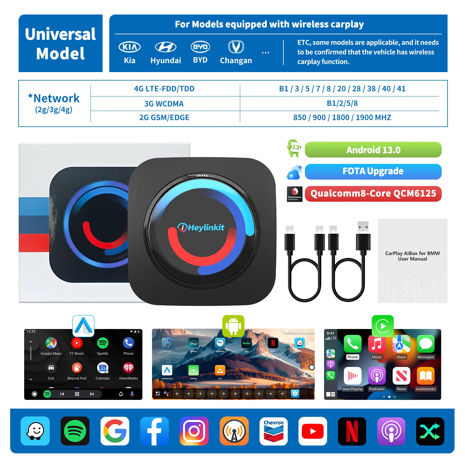 

Heylinkit 3-в-1 Android 16 AI Box с беспроводным CarPlay и Android Auto, QCM6125, 8-ядерный процессор, для автомобилей BMW и автомобилей с беспроводным CarPlay