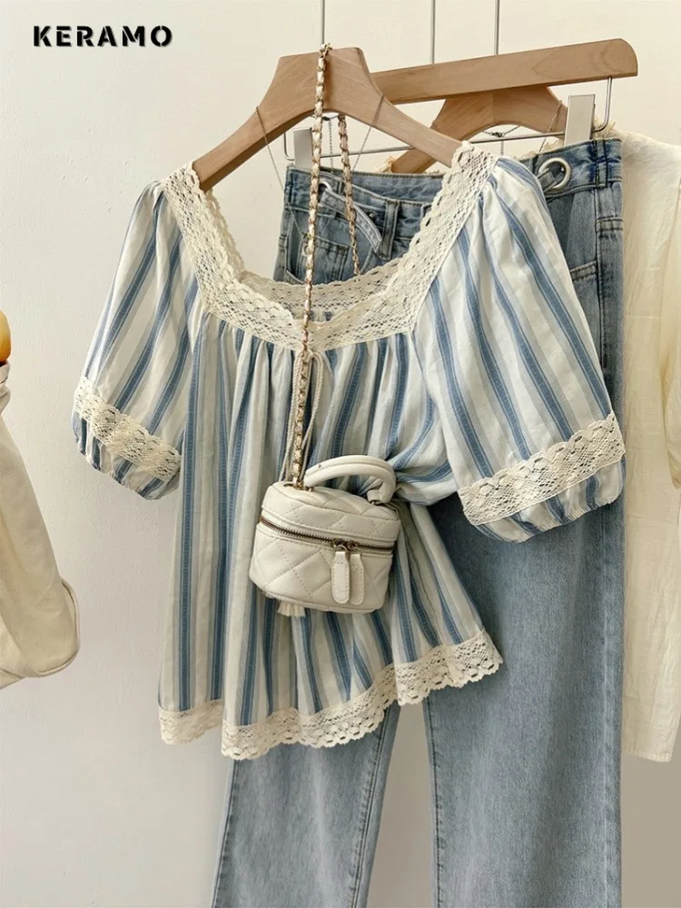 Женская футболка в полоску элегантная повседневная составного кроя Корейском