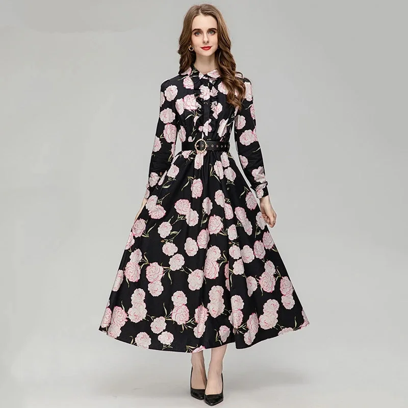 

Fashion Runway Summer Elegant Princess Women Holiday Party Turn-down Collar Button Sashes Floral Print Long Dress