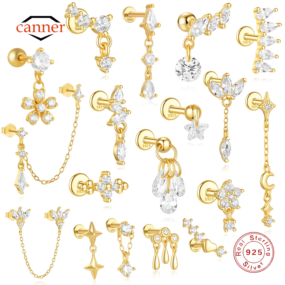 CANNER 1PC étoile à quatre branches lune gland Lotus Cartilage spirale crevaison 925 en argent Sterling boucle d'oreille pour les femmes Ins boucle d'oreille