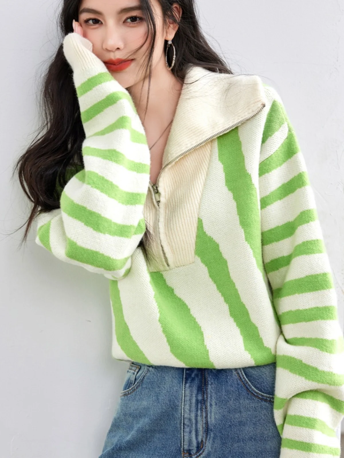 Американский свитер на молнии вязаная женская одежда осенне-зимняя базовая