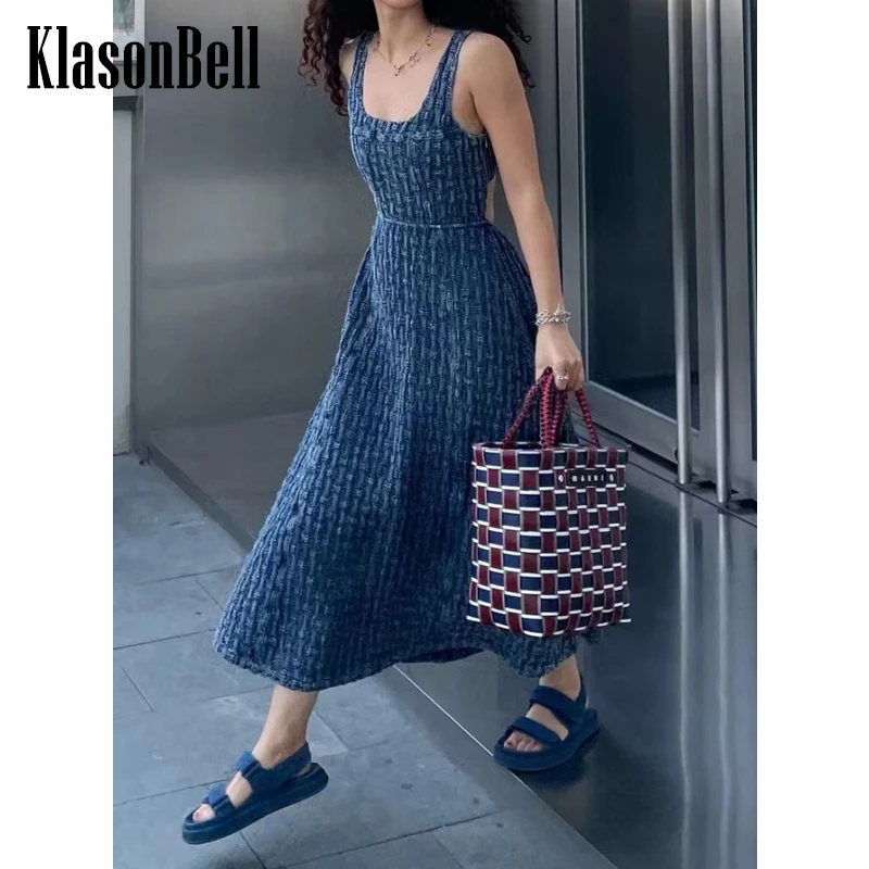 

5.26 KlasonBell Fashion Vintage Square Collar Hollow Out Backless Jacquard Denim Midi Dress Women