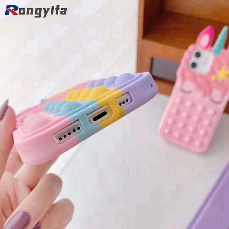 For iPhone 13 14 12 11 Pro Max Mini X XR XS Max 6 7 8 6s Plus SE 5 5s Unicorn Case Pop Fidget Toys Push It Bubble Silicone Case