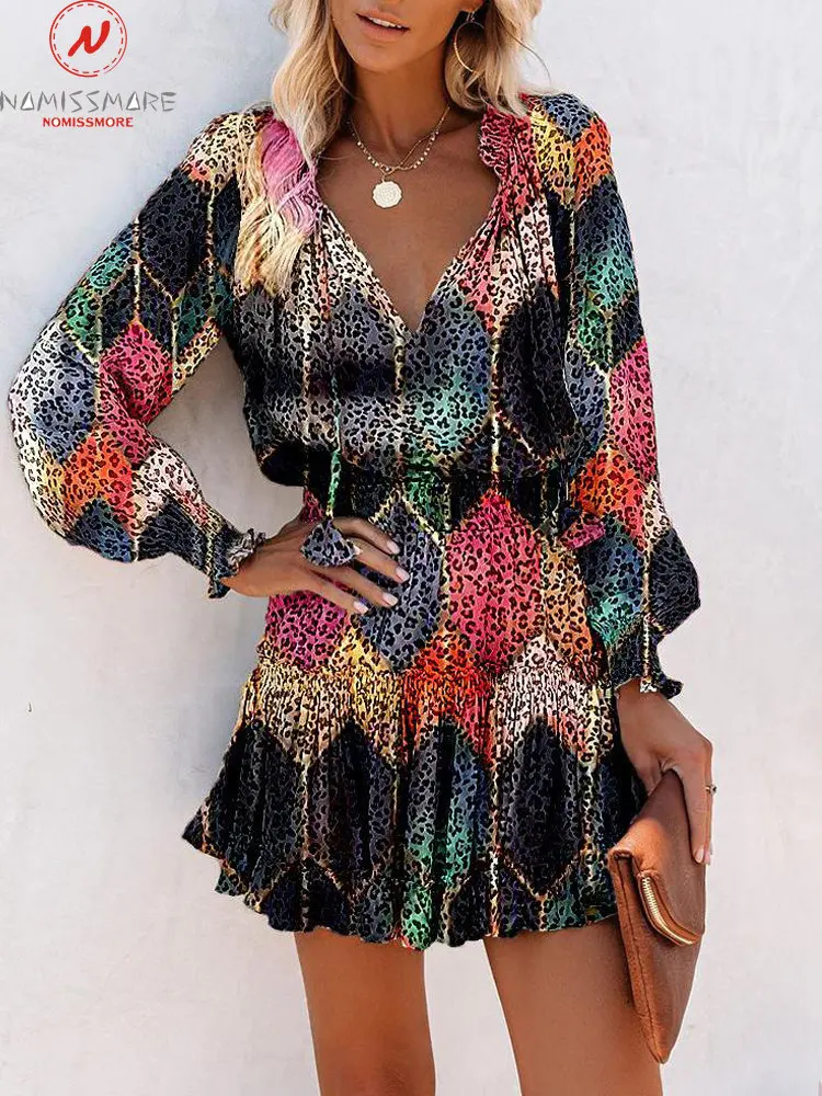 

Fashion Women Print A-Line Dress Shrinkage Design Ruffles Bandage Decor V-Neck Elastic Waist Lantern Sleeve Casual Loose Dress